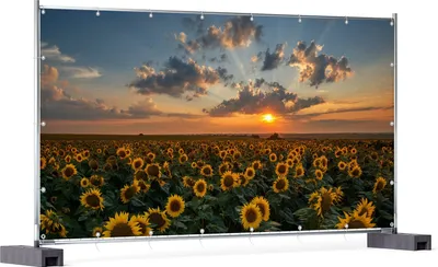 Produktbild von Wallario XXL Outdoor-Poster für Garten oder Balkon, Motiv Sonnenblumenwiese vor Wolken mit Sonnenuntergang, in ca. 340 x 173 cm