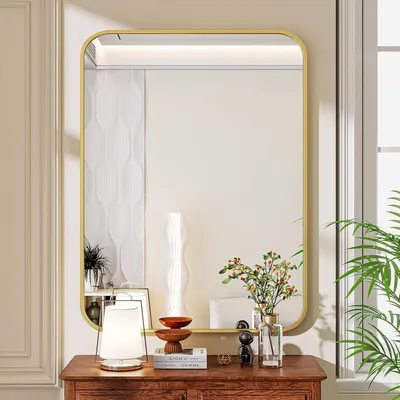 Produktbild von Koonmi Wandspiegel Silber 75x100 cm Badezimmerspiegel mit runder Ecke, mit Rahmen aus Aluminiumlegierung, Gold