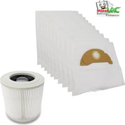 A product shot of vacuum cleaner bags and a filter against a white background.