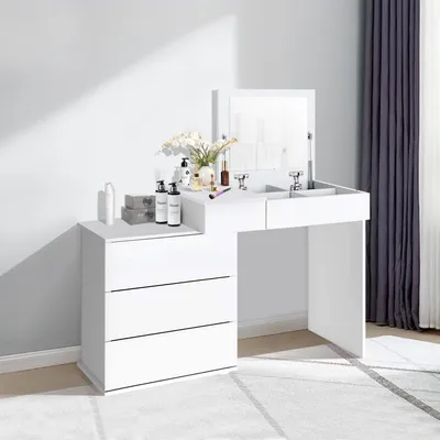 Obrázok produktu pre ML-Design toaletný stolík biely, toaletný stolík so sklopným zrkadlom, 4 zásuvky a 4 priehradky, 117,5x78x45 cm, kozmetický stolík z MDF dreva