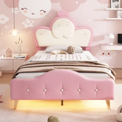 Produktbild von MODFU Kinderbett Polsterbett 90×200 cm mit LED-Streifen, Kopfteil mit Krone, Bettfüße aus Metall, Jugendbett Einzelbett(Ohne Matratze), PU, Rosa+Weiß