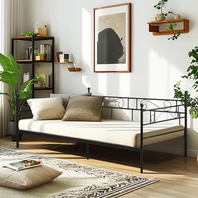 Produktbild von H.J WeDoo Tagesbett Metallbett Daybed Bettsofa Jugendbett Gästebett, Bettsofa Gästebett für Schlafzimmer Wohnzimmer,  90 x 190 cm Schwarz
