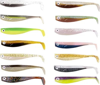 A grid of various fishing lures in different colors.