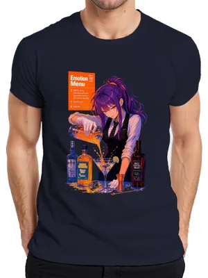 Immagine prodotto di Maglietta da uomo, blu navy, taglia S, con stampe a tema anime, cocktail, manga, Giappone, stile Y2K e immagini di "waifu"