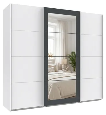 Produktbild von Schwebetürenschrank 3-trg Kleiderschrank 225 cm in Weiß m. Spiegel umrahmt in Grafit / 22626