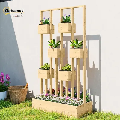 Image de Jardiniera en bois avec treillis et paniers, dimensions 90 x 45 x 170 cm, idéale pour le jardin et le balcon