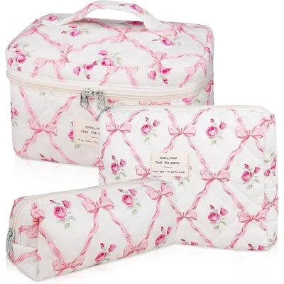 Immagine prodotto di Set di 3 borsette da viaggio per cosmetici, da donna, con motivo floreale trapuntato, in cotone