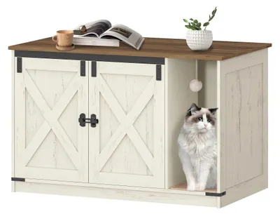 Image de Armoire pour bac à litière - Meuble pour chat - Bac à litière dissimulé - Avec clochette pour chat - Pour le couloir et la chambre - À un seul étage - Marron et blanc