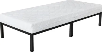 A single bed frame with a mattress on a white background.