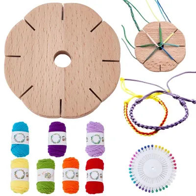 Kumihimo-Flechtset, Holz, 8 Schlitze, 7 Garnfarben, DIY
