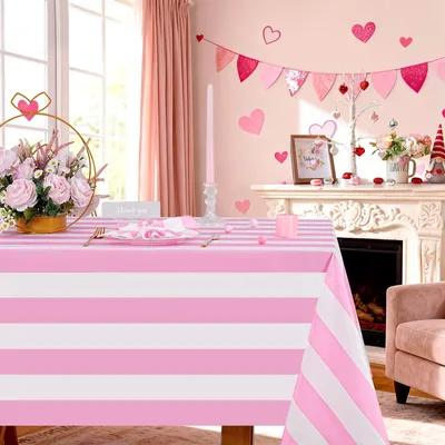 Rechteckige Tischdecke 140x300 cm, rosa-weiß gestreift, Polyester