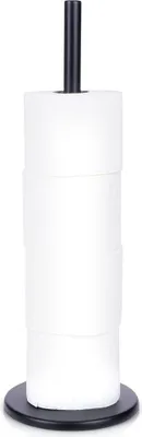 A black toilet paper holder with four rolls of toilet paper stacked on it, set against a white background.