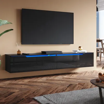 Zdjęcie produktu dla Szafka TV SONNI czarna wysoki połysk 180 x 35 x 30cm Wyposażona w listwę oświetleniową RGB i szafkę do przechowywania Możliwy montaż ścienny