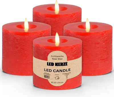 Image de Lot de 4 bougies LED en cire, flamme vacillante, Ø 10x9 cm, rouge