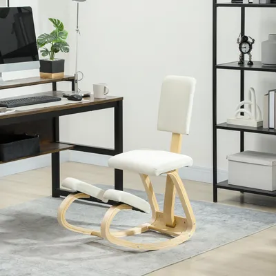 Produktbild von Kniehocker Gesundheitsstuhl, Kniestuhl ergonomisch mit Rückenlehne, Schaukelfunktion, Birkenholz, Cremeweiß | bis 120 kg | 84x51x93 cm