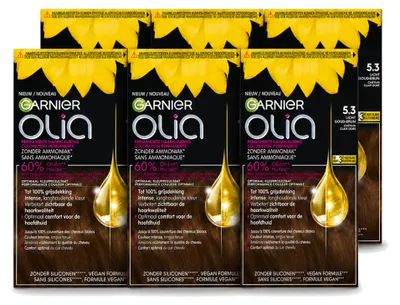 Imagen del producto de 6 unidades de tinte permanente para el cabello Garnier Olia 5.3, color castaño dorado claro, sin amoníaco. Paquete económico