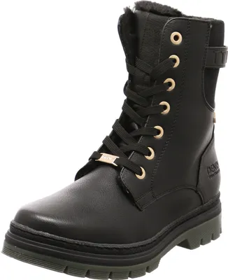 A black lace-up boot with fur lining and gold-colored eyelets and accents.