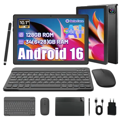Produktbild von Tablet Android 16, 10,1" 90 Hz HD Display, 34(6+28)GB RAM+128GB ROM, 5G WiFi, 6000 mAh, Gemini AI, Octa-Core A537, mit Tastatur/Maus/Stift