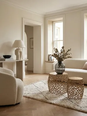 Das goldene Beistelltisch 2er Set aus Aluminium als eleganter Blickfang im Wohnzimmer neben einem modernen Sofa auf einem hellen Teppich._#sku_SAFWL6.690#