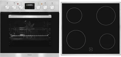A split image showing a built-in oven on the left and a ceramic hob on the right.