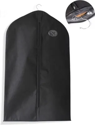A black garment bag hanging from a hook, with a close-up inset showing the top opening and a hanger inside.