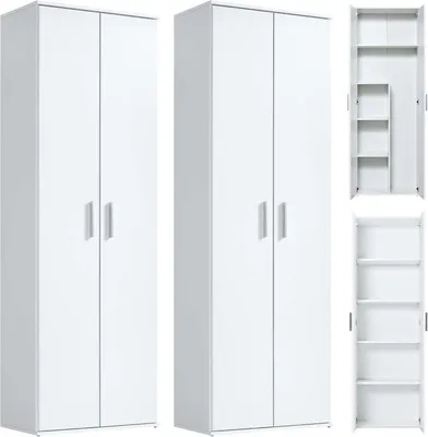 Two white multi-purpose cabinets are shown side-by-side, with additional images showing the interior of one cabinet.
