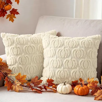 Productafbeelding van Kussensloop, herfstcollectie, 2 stuks, pluche pompoenmotief, 45x45 cm, crèmekleurig