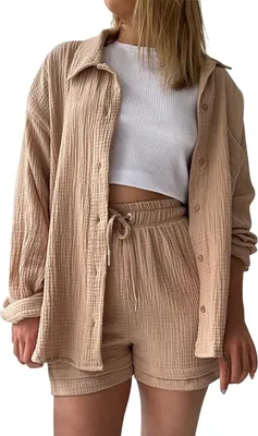 Produktbild von Musselin Baumwoll-Zweiteiler für Damen - Leichtes Sommerhemd und Shorts - Lässiges und Schickes Strand-Outfit - Bequemes Freizeitset für Frauen
