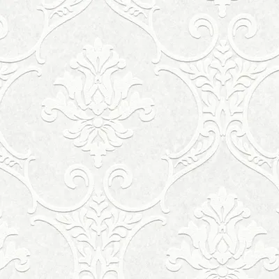 A seamless pattern of white damask-style wallpaper with a raised, embossed effect against a textured light gray background.