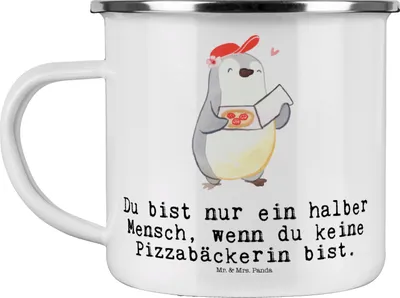 Produktbild von Mr. & Mrs. Panda Emaille Tasse Pizzabäckerin Herz - Weiß - Geschenk, Spruch, Reisebecher, becher, Lustig, Pott, Witzig, Pizzabringdienst, Teetasse