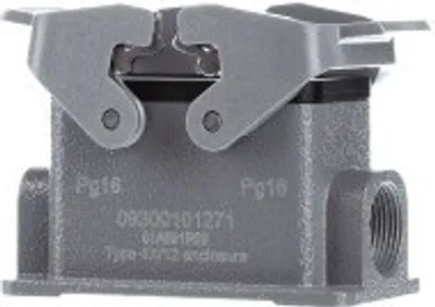 Produktbild von HARTING Han 10B Sockelgehäuse niedrig, 2xPG16 seitlicher Kabelabgang, mit 2 Querbügeln Verschraubung PG16 Klemmbereich