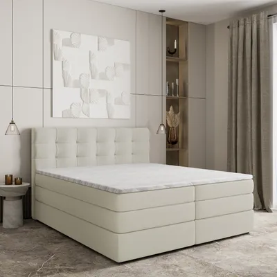Produktbild von Masseno Boxspringbett AREZI 160x200 cm Komplett-Set mit Bonell Matratze und Topper, Polsterbett mit Bettkästen -Creme, SORO 02
