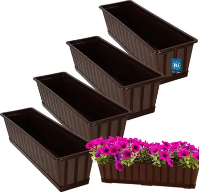 Produktbild von KOTARBAU® 4er Set Blumenkasten Blumentopf für Balkon 60 x 18 x 14 cm Braun Balkonkasten Balkongeländer Pflanzkasten mit Untersetzer aus Kunststoff Rechteckig