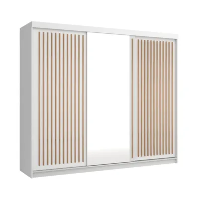 Produktbild von 250 cm Kleiderschrank mit Lamellen und Spiegel, inklusive 3 Schiebetüren, Schwebetürenschrank Kleiderstange, Lieferung bis in die Wohnung (Farbe: Weiß, Lamelle Votan)
