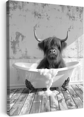 Produktbild von MuchoWow® - Leinwandbilder - Scottish Highlander - Tier - Badewanne - Schwarz - Weiß, Wandbild, Wanddeko Bilder Wohnzimmer, 60x80 cm