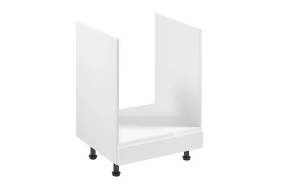 A white kitchen cabinet base unit with black legs, shown from a front-diagonal angle against a white background.
