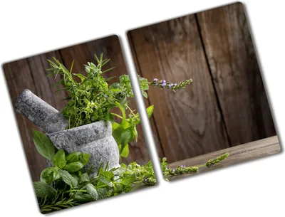 Produktbild von Tulup Glas Herdabdeckplatte - 2x40x52 cm - Glaskeramikkochfeld-Abdeckung Spritzschutz Glasabdeckplatte Kochplattenabdeckung und Schneidebrett - Zweiteilig - Essen & Getränke - Kräuter Mörser - Grün