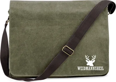 Produktbild von Huuraa Umhängetasche Weidmannsheil Hirsch Jägergruß 14 Liter Military Green Canvas Laptoptasche Geschenkidee