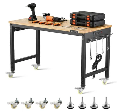 Image de Table de travail réglable - Bois d'érable - Avec roulettes et prise électrique - Capacité de charge de 2000 livres