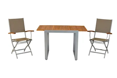 Produktbild von Merxx Gartenmöbel Set 3tlg., Balkonset, 2 Klappsessel, Balkonausziehtisch 80 (120) x 70 cm - Aluminium/Textil/Akazie