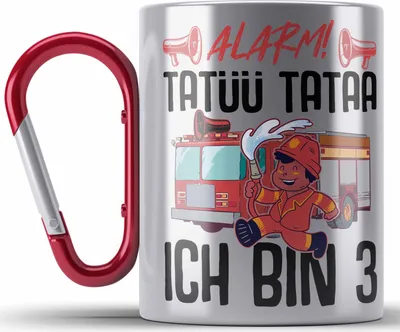 Produktbild von Trendation - 3. Geburtstag Geschenk Jungs Feuerwehr Edelstahl Tasse Karabiner Geschenke Zubehör Lustig Kinder Geburtstag Spruch Ich Bin 3 (Rot)