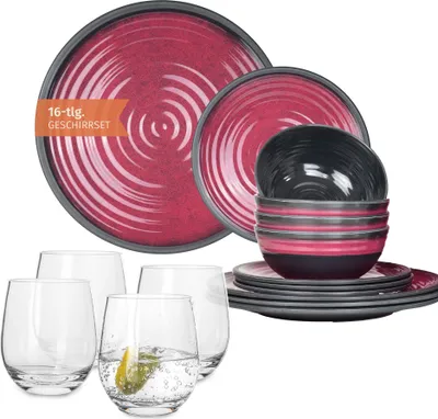 Produktbild von Melamin Camping Geschirr Set 4 Personen Stone Red + 4 Tiamo Gläser Wassergläser Tafelgeschirr Picknick BBQ Kochgeschirr
