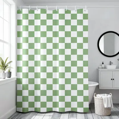 Produktbild von Grüner Duschvorhang 180 x 200 cm, schimmelresistent, aus Polyester mit grünem Retro-Karomuster, wasserdicht, waschbar, für Dusche und Bad