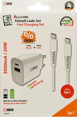 Obrázok produktu pre 2GO Ladegerät 20W 2-Port 1x USB-C + 1x USB-A + USB-C Kabel