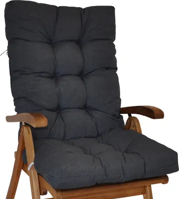 A dark gray cushion on a wooden chair.