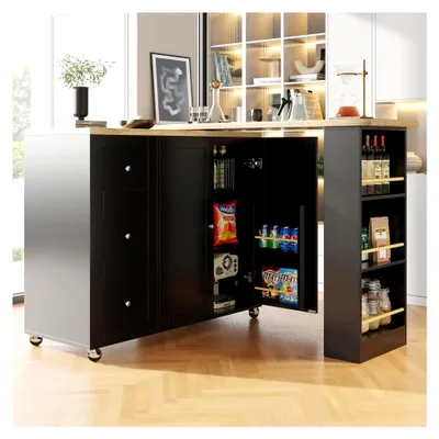 Produktbild von 360° drehbarer Bartisch auf Rollen mit drei Schubladen und Snackhalter, multifunktionale Aufbewahrungsinsel, geeignet für Küche und Wohnzimmer, schwarz (138-209 x 39 x 104 cm)