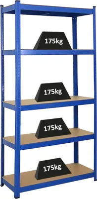 A blue metal shelving unit with five shelves, each holding a black trapezoidal weight labeled '175kg'.