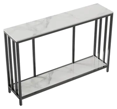 Produktbild von Konsolentisch Flurtisch - Rechteckiger Beistell- und Sofatisch - 2 Ebenen - Sintersteinplatte & Metallgestell - 120x30x78 cm - Weiß/Schwarz