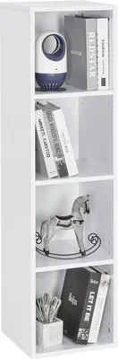 A white, four-shelf bookcase filled with decorative items.