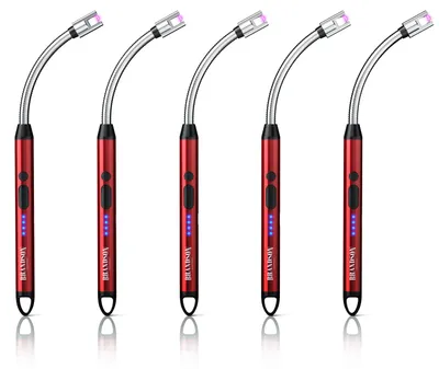 Produktbild von Brandson Lichtbogen-Feuerzeug 5er Set elektrisch mit USB-C-Ladung, flammenlos und winddicht, biegsamer Hals mit 26 cm Länge, LED-Ladeanzeige, Stabfeuerzeug, 5 Stück, rot